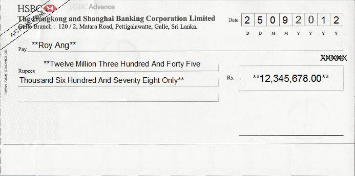 Printed Cheque of HSBC Bank (Advance) in Sri Lanka Printed Cheque of HSBC Bank (Advance) in Sri Lanka
