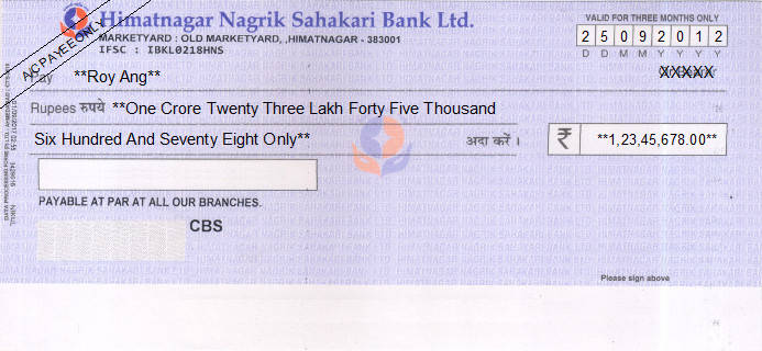 Printed Cheque of Himatnagar Nagrik Sahakari Bank in India Printed Cheque of Himatnagar Nagrik Sahakari Bank in India