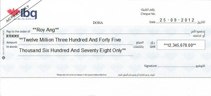 Printed Cheque of Internation Bank of Qatar (IBQ) Printed Cheque of Internation Bank of Qatar (IBQ)