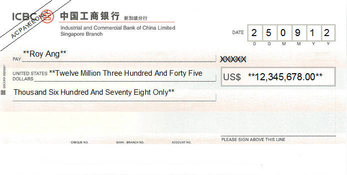 Printed Cheque of ICBC Bank (USD) in Singapore Printed Cheque of ICBC Bank (USD) in Singapore
