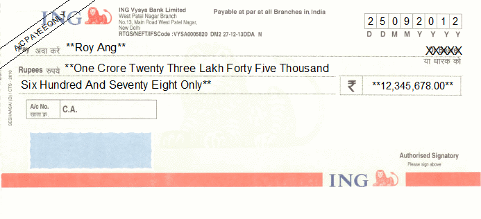 Printed Cheque of ING Vysya Bank India Printed Cheque of ING Vysya Bank India