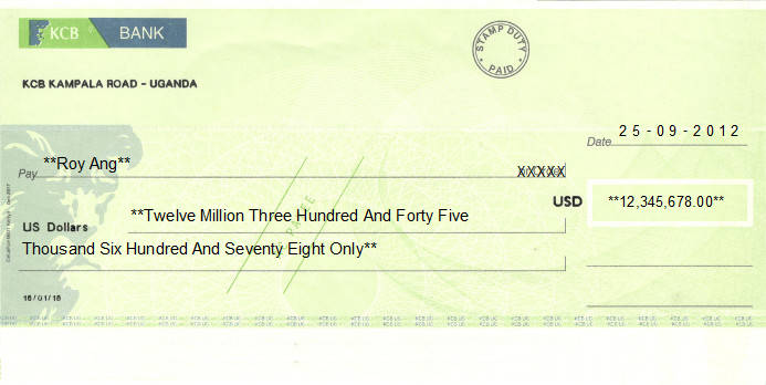 Printed Cheque of KCB Bank (USD) in Uganda Printed Cheque of KCB Bank (USD) in Uganda