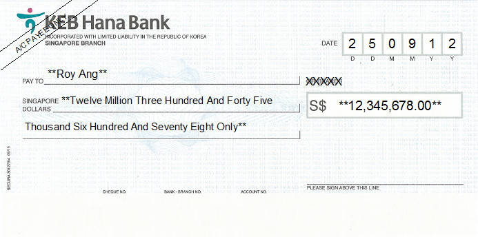 Printed Cheque of KEB Hana Bank in Singapore Printed Cheque of KEB Hana Bank in Singapore
