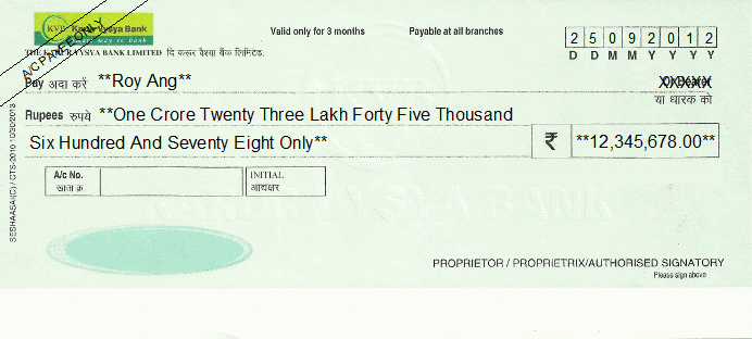 Printed Cheque of Karur Vysha Bank India Printed Cheque of Karur Vysha Bank India