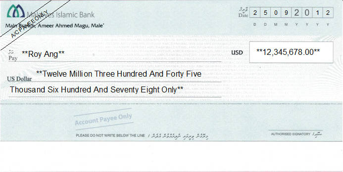 Printed Cheque of Maldives Islamic Bank (US Dollar) in Maldives Printed Cheque of Maldives Islamic Bank (US Dollar) in Maldives