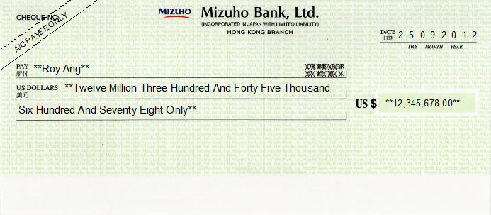 Printed Cheque of Mizuho Bank (USD) in Hong Kong Printed Cheque of Mizuho Bank (USD) in Hong Kong