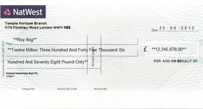 Printed Cheque of NatWest - Business (National Westminster Bank) in United Kingdom Printed Cheque of NatWest - Business (National Westminster Bank) in United Kingdom