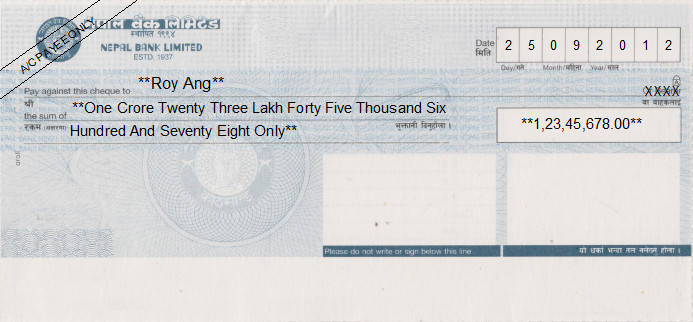 Printed Cheque of Nepal Bank in Nepal