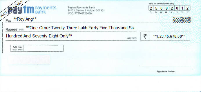 Printed Cheque of Payments Bank in India Printed Cheque of Payments Bank in India