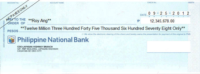 Printed Cheque of Philippine National Bank (Personal) Printed Cheque of Philippine National Bank (Personal)