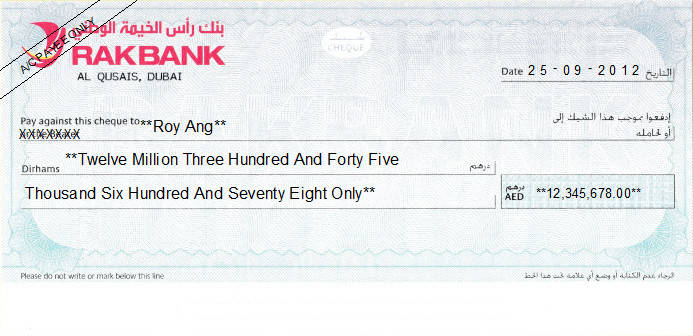 Printed Cheque of RAKBANK (The National Bank of Ras Al-Khaimah) UAE Printed Cheque of RAKBANK (The National Bank of Ras Al-Khaimah) UAE
