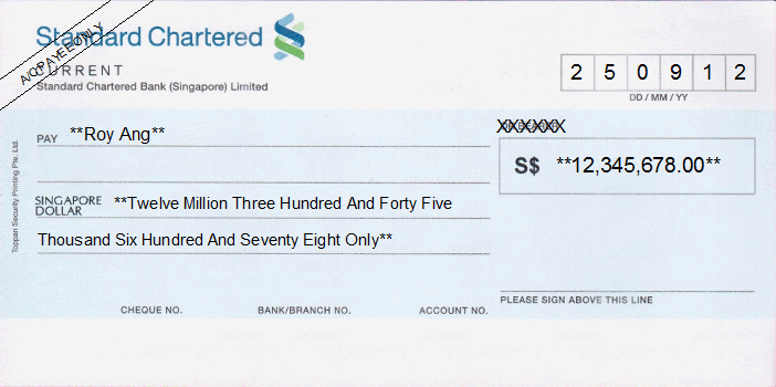 Printed Cheque of Standard Chartered Bank Singapore Printed Cheque of Standard Chartered Bank Singapore