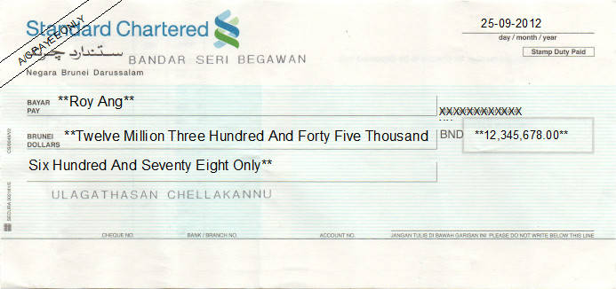 Printed Cheque of Standard Chartered Bank in Brunei Printed Cheque of Standard Chartered Bank in Brunei