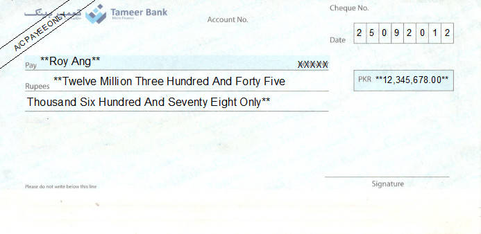 Printed Cheque of Tameer Bank in Pakistan Printed Cheque of Tameer Bank in Pakistan