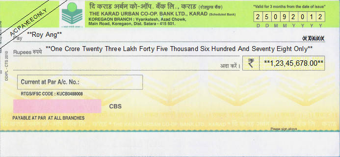 Printed Cheque of The Karad Urban Co-op Bank in India Printed Cheque of The Karad Urban Co-op Bank in India