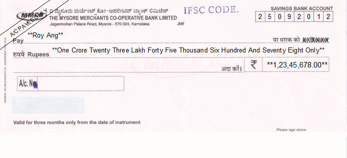 Printed Cheque of The Mysore Merchants Co-operative Bank in India Printed Cheque of The Mysore Merchants Co-operative Bank in India