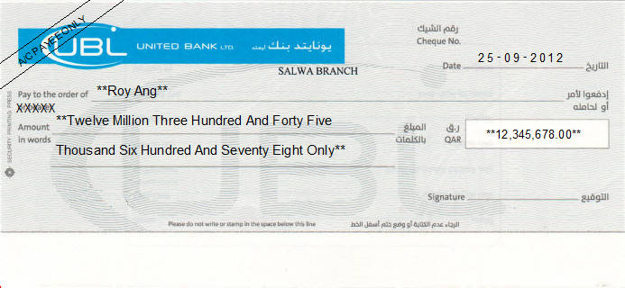 Printed Cheque of United Bank Limited (UBL) in Qatar Printed Cheque of United Bank Limited (UBL) in Qatar