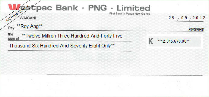 Printed Cheque of Westpac Bank PNG in Papua New Guinea Printed Cheque of Westpac Bank PNG in Papua New Guinea