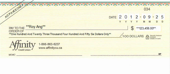 Printed Cheque of Affinity Credit Union in Canada Printed Cheque of Affinity Credit Union in Canada