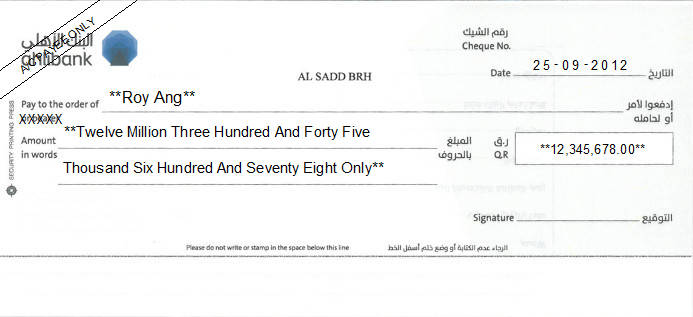 Printed Cheque of Ahlibank in Qatar Printed Cheque of Ahlibank in Qatar