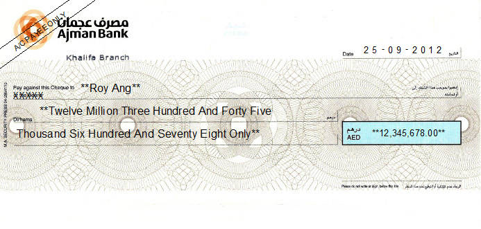 Printed Cheque of Ajman Bank in UAE Printed Cheque of Ajman Bank in UAE