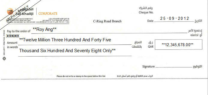 Printed Cheque of Al Khaliji Bank - Corporate in Qatar Printed Cheque of Al Khaliji Bank - Corporate in Qatar