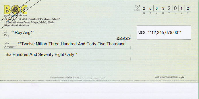 Printed Cheque of BOC - Bank of Ceylon (US Dollar) in Maldives Printed Cheque of BOC - Bank of Ceylon (US Dollar) in Maldives