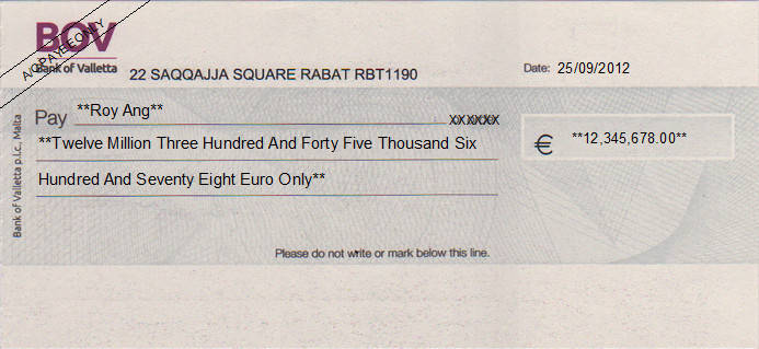 Printed Cheque of BOV - Bank of Valletta in Malta