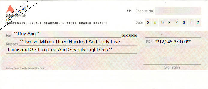 Printed Cheque of Bank Alfalah Pakistan Printed Cheque of Bank Alfalah Pakistan
