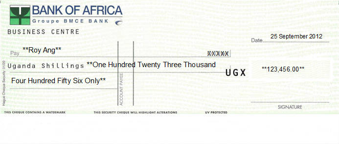 Printed Cheque of Bank of Africa (UGX) in Uganda Printed Cheque of Bank of Africa (UGX) in Uganda