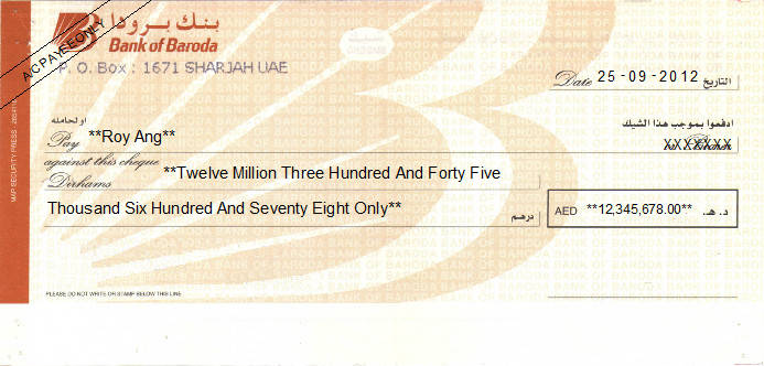 Printed Cheque of Bank of Baroda UAE Printed Cheque of Bank of Baroda UAE