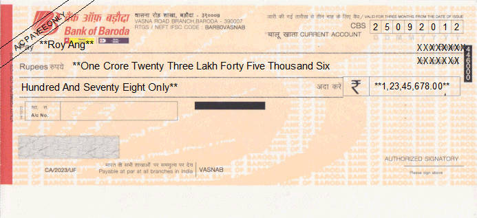 Printed Cheque of Bank of Baroda (Current Account) India Printed Cheque of Bank of Baroda (Current Account) India