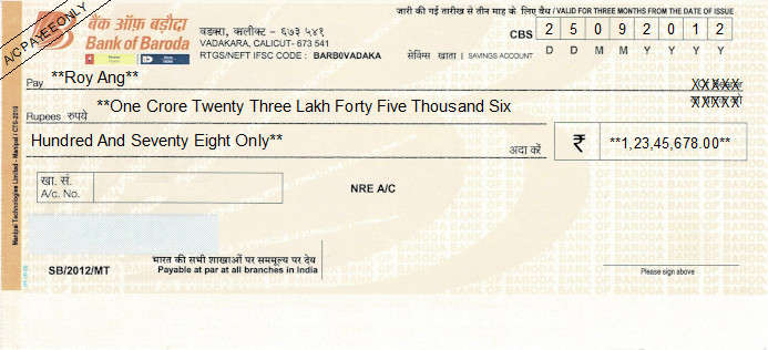 Printed Cheque of Bank of Baroda (Savings Account) India Printed Cheque of Bank of Baroda (Savings Account) India