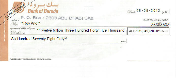 Printed Cheque of Bank of Baroda (Personal) UAE Printed Cheque of Bank of Baroda (Personal) UAE
