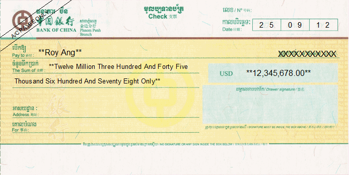 Printed Cheque of Bank of China Cambodia