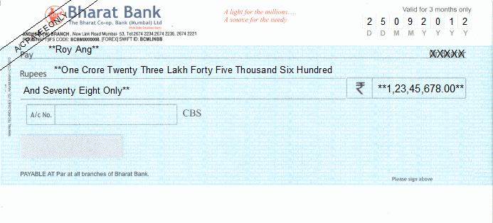 Printed Cheque of Bharat Bank India Printed Cheque of Bharat Bank India