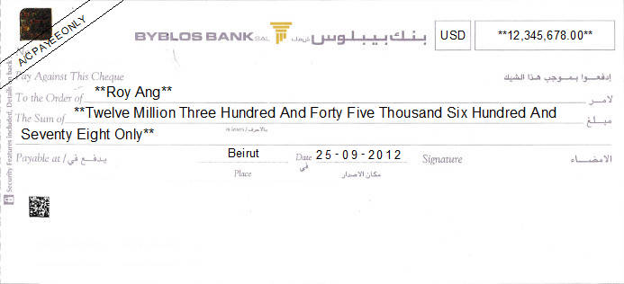 Printed Cheque of Byblos Bank in Lebanon Printed Cheque of Byblos Bank in Lebanon