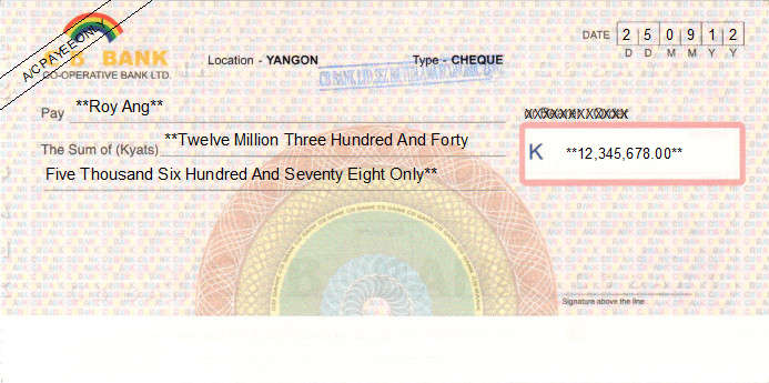 Printed Cheque of CB Bank in Myanmar Printed Cheque of CB Bank in Myanmar