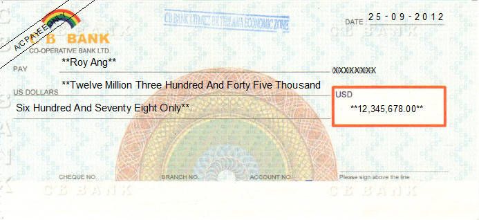 Printed Cheque of CB Bank (USD) in Myanmar Printed Cheque of CB Bank (USD) in Myanmar