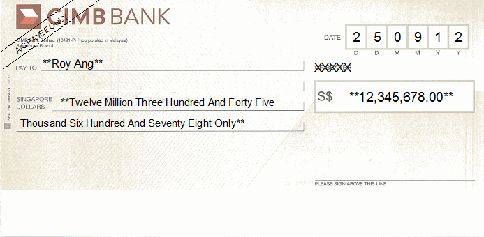 Printed Cheque of CIMB Bank Singapore Printed Cheque of CIMB Bank Singapore