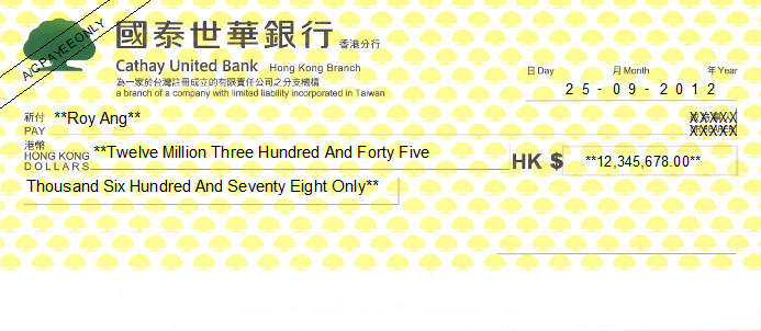 Printed Cheque of Cathay United Bank (國泰世華銀行) in Hong Kong Printed Cheque of Cathay United Bank (國泰世華銀行) in Hong Kong