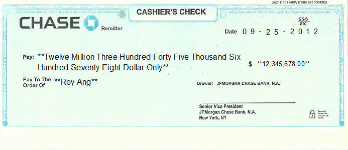 Printed Check of JP Morgan Chase Bank in United States Printed Check of JP Morgan Chase Bank in United States
