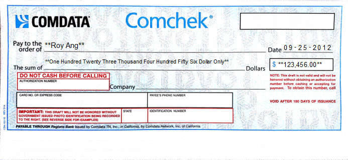 Printed Check of Comdata Comcheck in United States Printed Check of Comdata Comcheck in United States