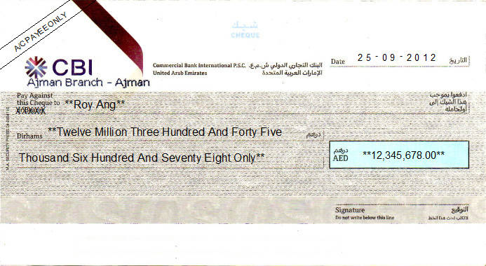 Printed Cheque of Commercial Bank International in UAE Printed Cheque of Commercial Bank International n UAE