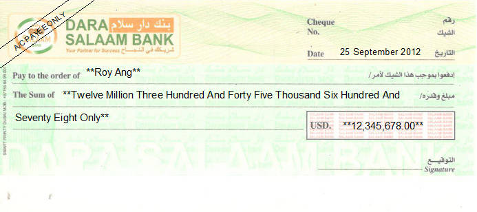 Printed Cheque of Dara Salaam Bank in Somalia Printed Cheque of Dara Salaam Bank in Somalia