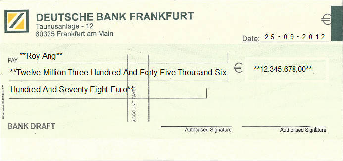 Printed Cheque of Deutsche Bank in Germany Printed Cheque of Deutsche Bank in Germany