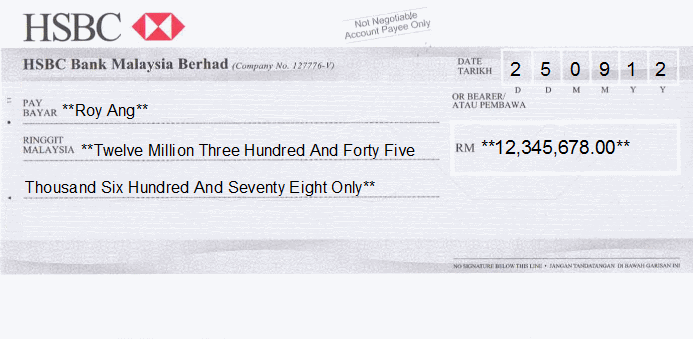 Printed Cheque of HSBC Bank in Malaysia Printed Cheque of HSBC Bank in Malaysia
