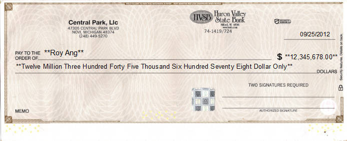 Printed Check of Huron Valley State Bank in United States Printed Check of Huron Valley State Bank in United States