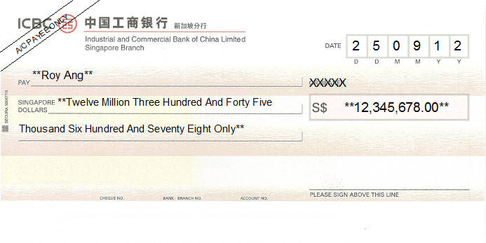 Printed Cheque of ICBC Bank in Singapore Printed Cheque of ICBC Bank in Singapore