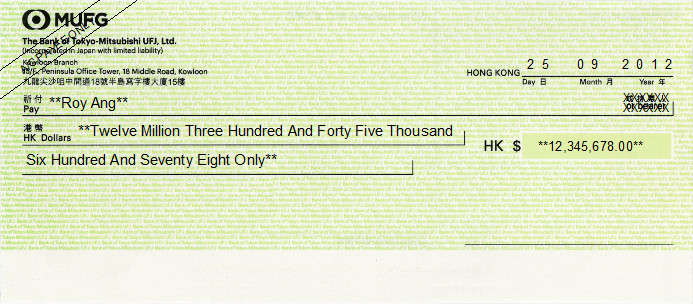 Printed Cheque of MUFG - The Bank of Tokyo-Mitsubishi UFJ in Hong Kong Printed Cheque of MUFG - The Bank of Tokyo-Mitsubishi UFJ in Hong Kong